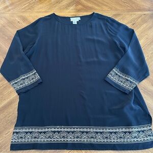 Diane Gilman Silk Embroidered Tunic Top, Plus Size 1X, Crew neck Pullover Shirt